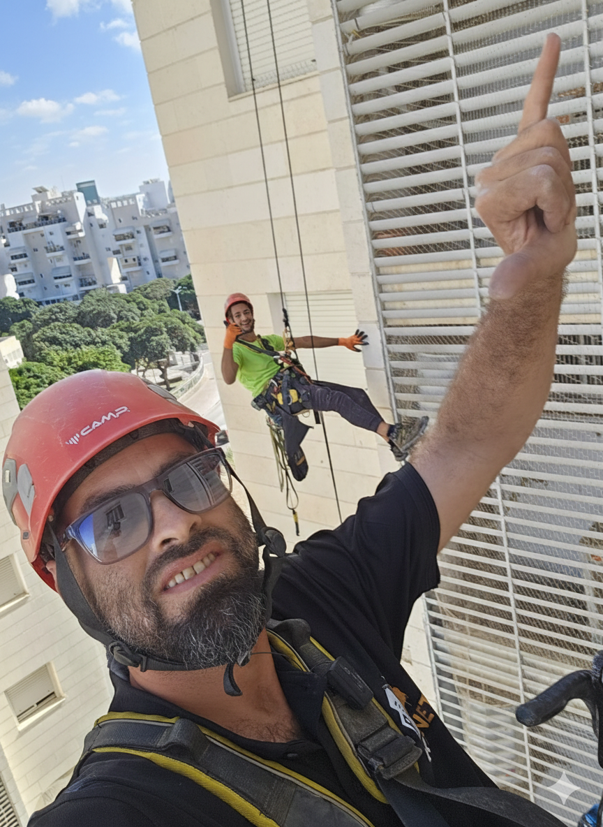 צוות Skynet מתקין רשת יונים בסנפלינג בבניין רב קומות - בטיחות ועבודה בגובה.