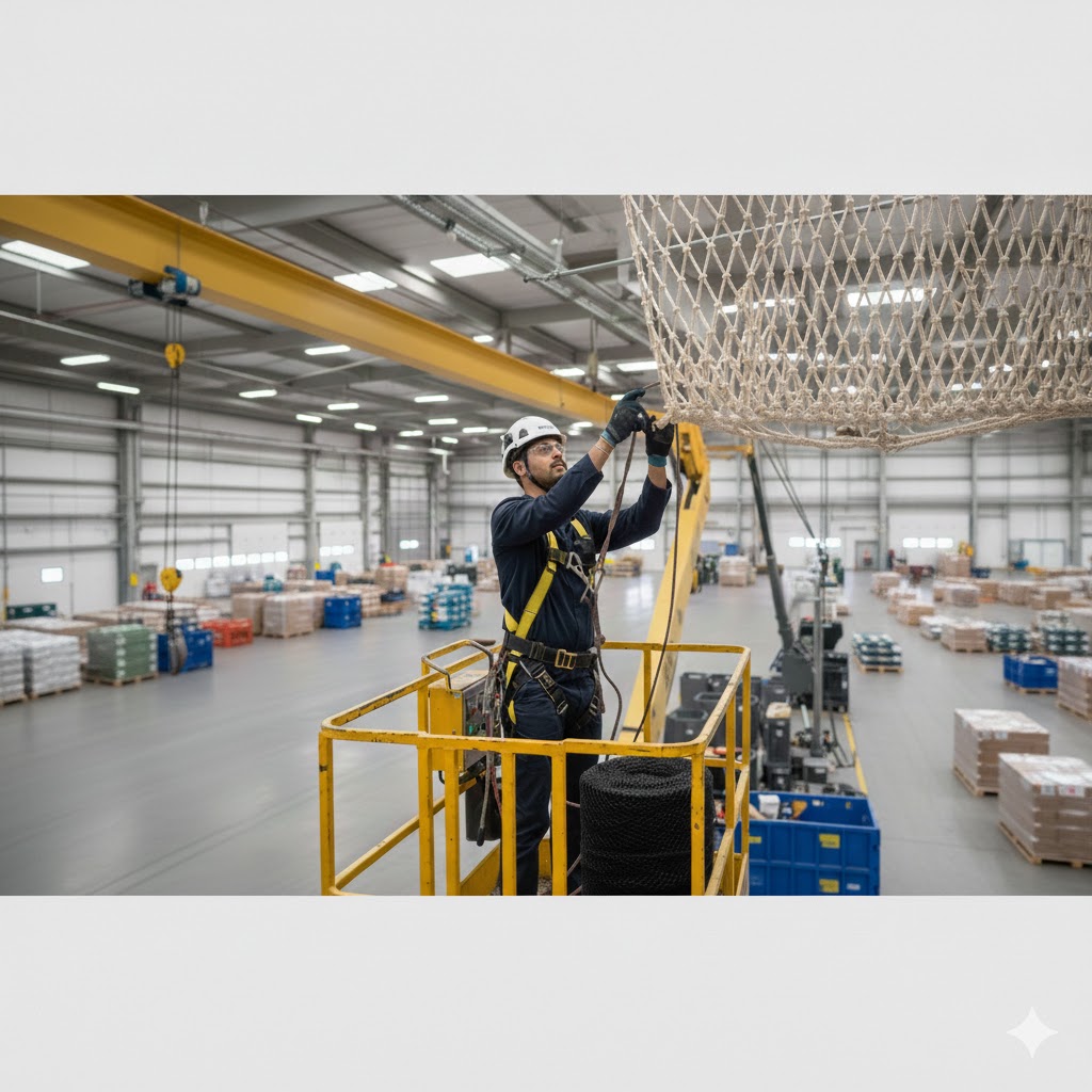 התקנת רשת יונים מקצועית בהאנגר תעשייתי באמצעות במת הרמה על ידי צוות Skynet